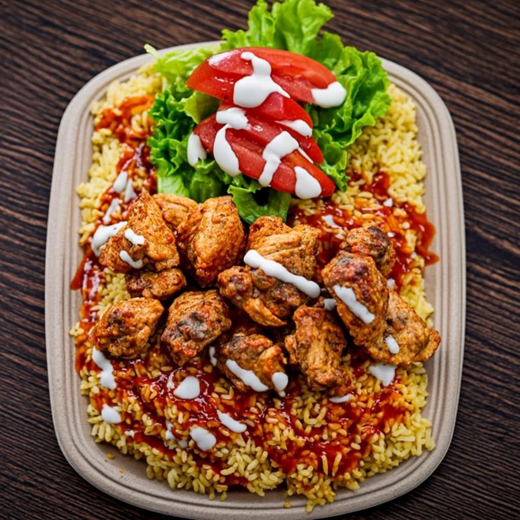 Chicken over rice platter with white and hot sauce