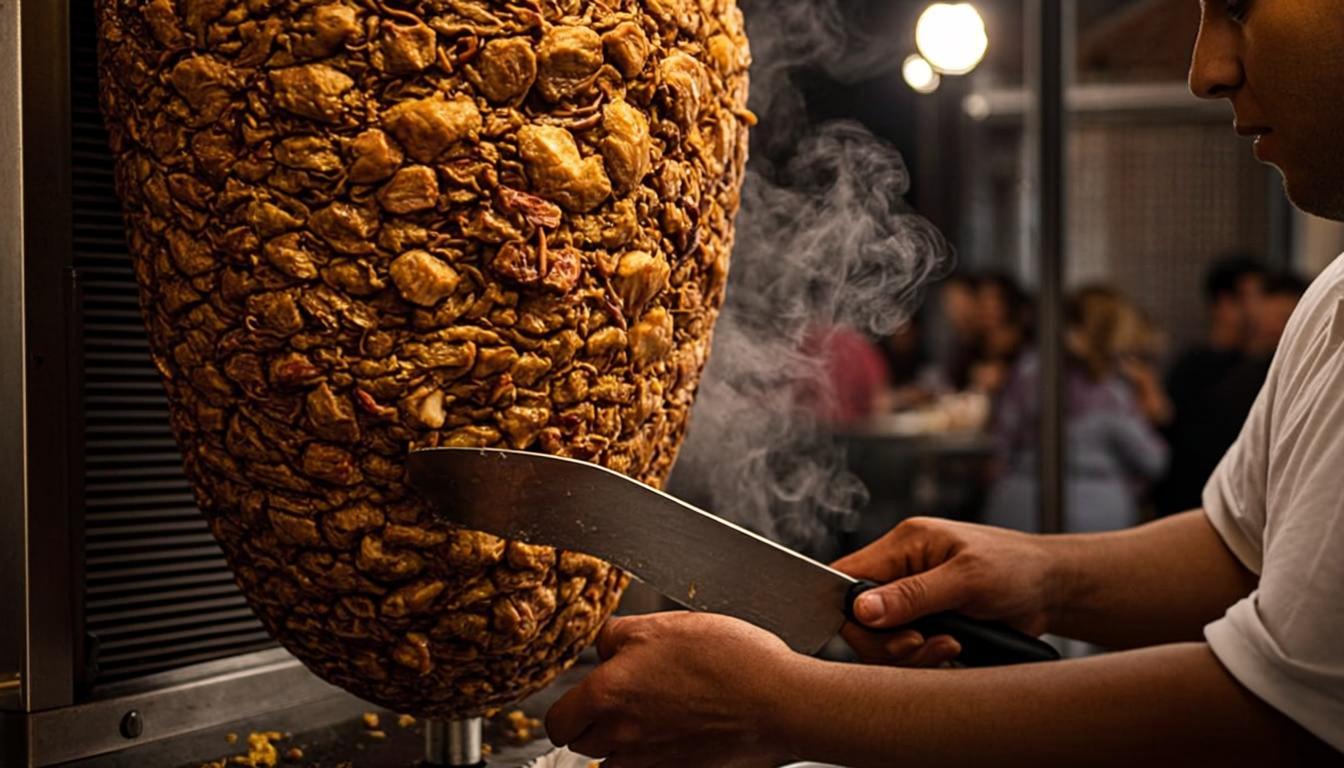 Vertical rotisserie gyro meat grilling