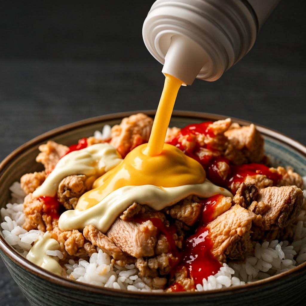 White and hot sauce drizzled over chicken and rice