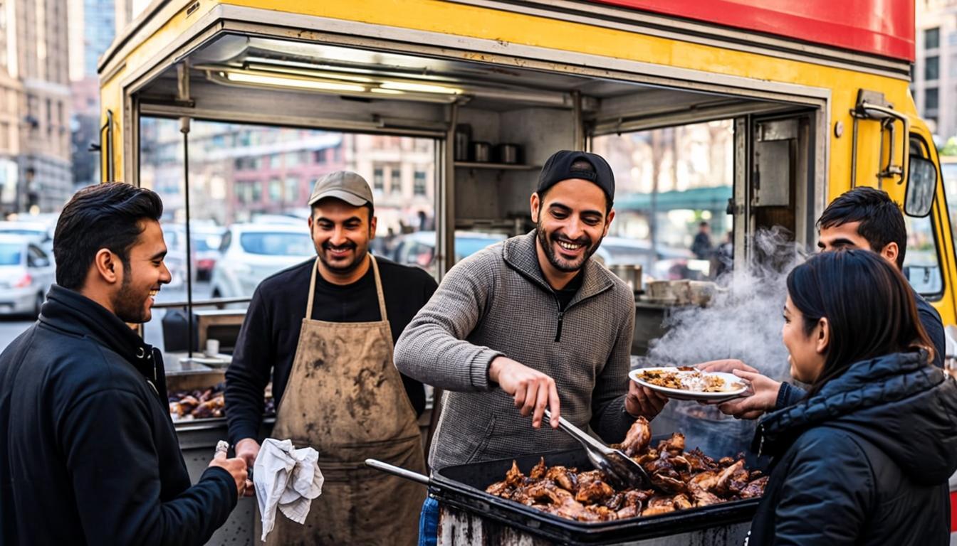 The 2 Guys serving customers at the halal truck